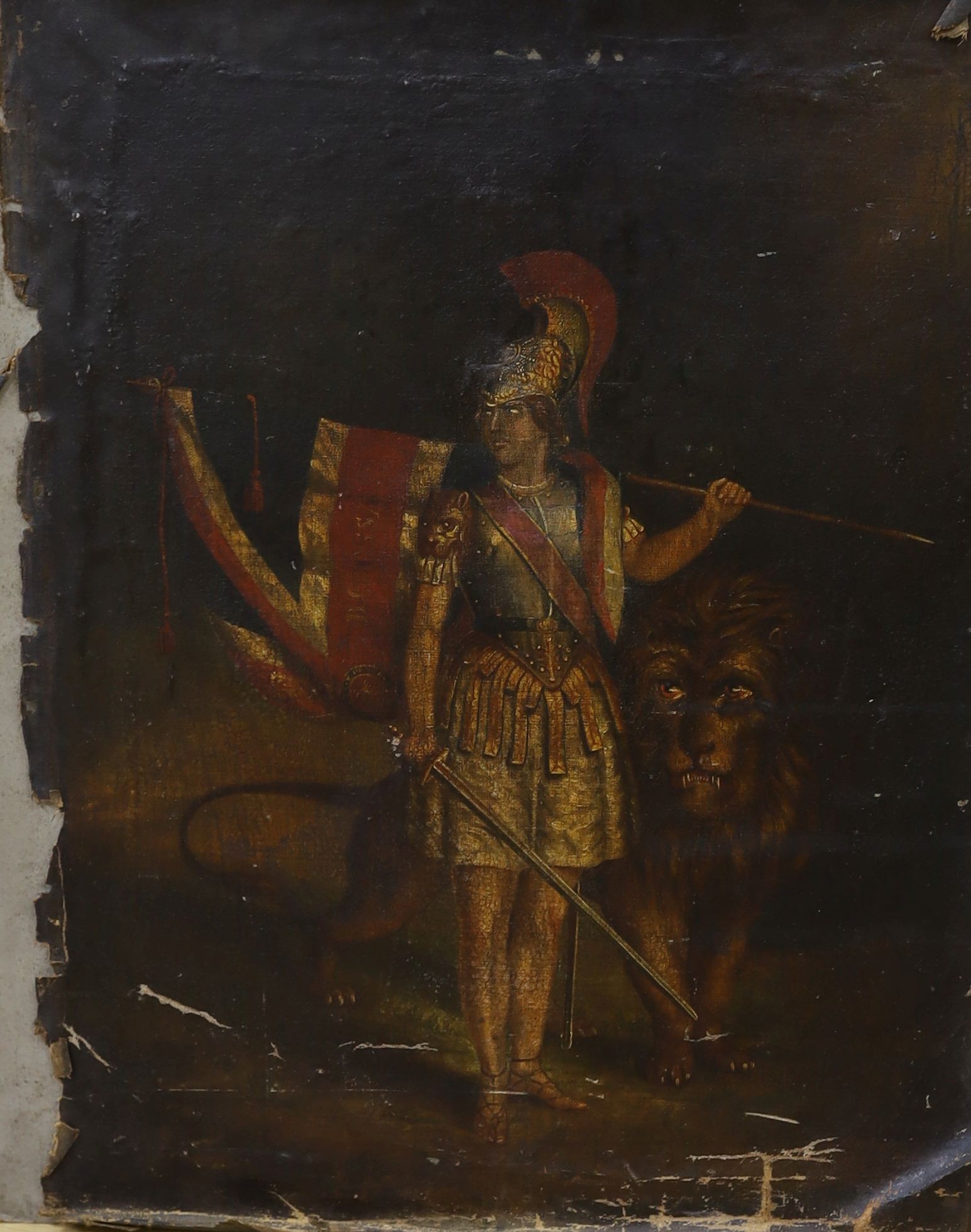 19th century English School, oil on canvas laid on board, Britannia standing with a lion, 60 x 47cm, unframed